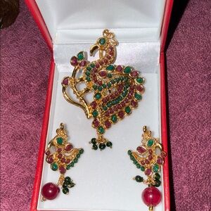 Gold-Tone Punjabi Peacock Pendant and Earring Set with Green and Pink Stones